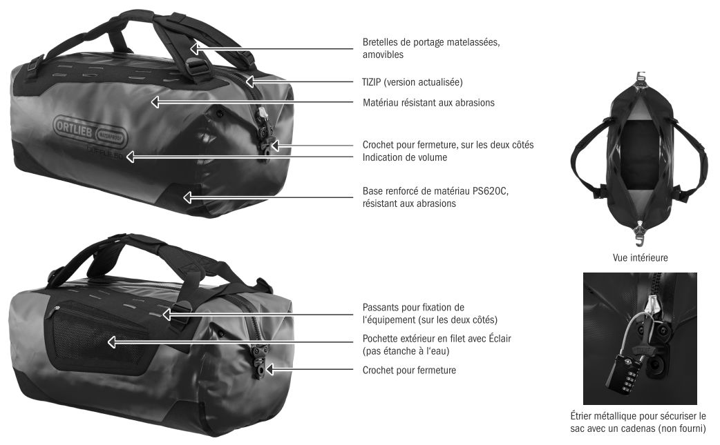 Especificacions t&egrave;cniques de la bossa d'enviament Ortlieb Duffle